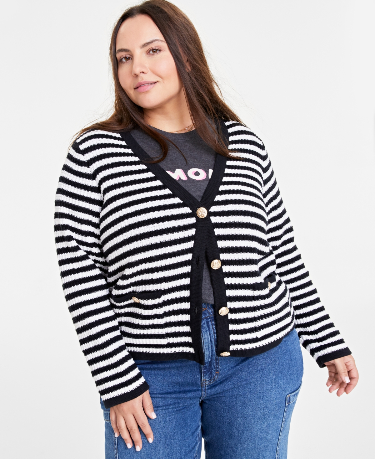 On 34th Trendy Plus Size Cotton Button-front Cardigan, Created For Macy's In Washed White Combo