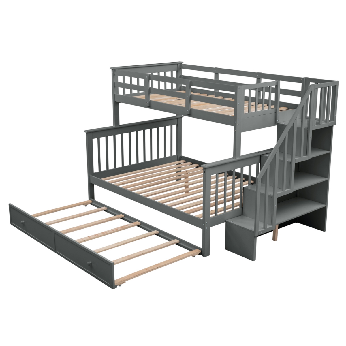Simplie Fun Stairway Twin-Over-Full Bunk Bed With Twin Size Trundle, Storage And Guard Rail For Bedroom
