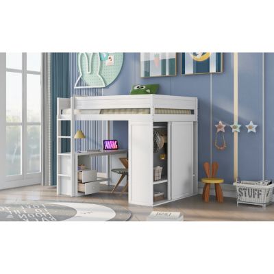 Wood Full Size Loft Bed With Wardrobes And 2-Drawer Desk With Cabinet