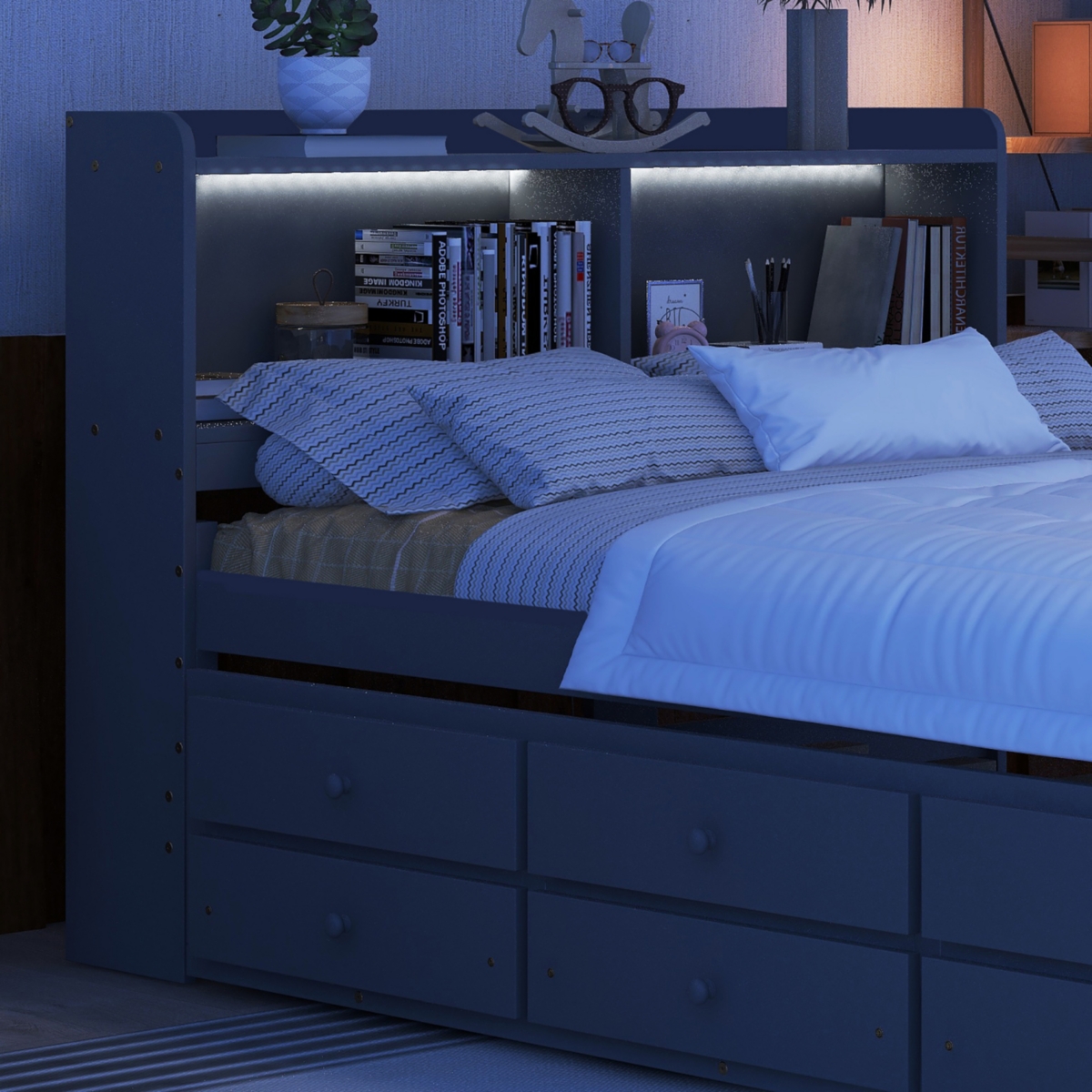 Streamdale Furniture Size Bed with Usb, Led Light, Bookcase, Trundle & Storage