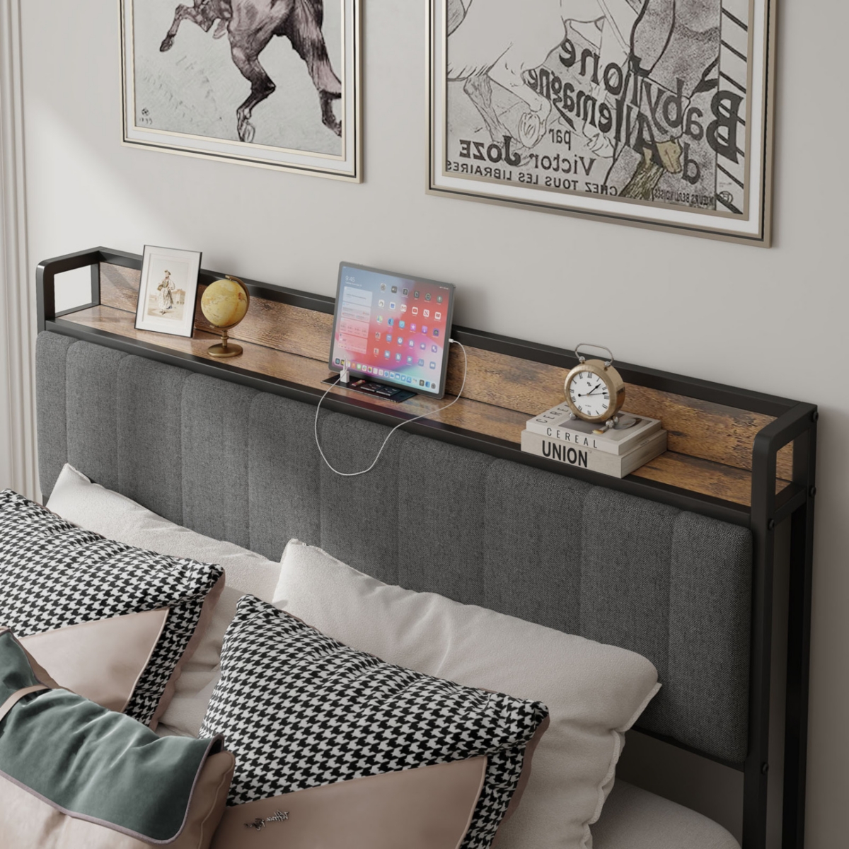 Streamdale Furniture Size Bed Frame With Charging Station, Upholstered Headboard, Metal Platform, Grey