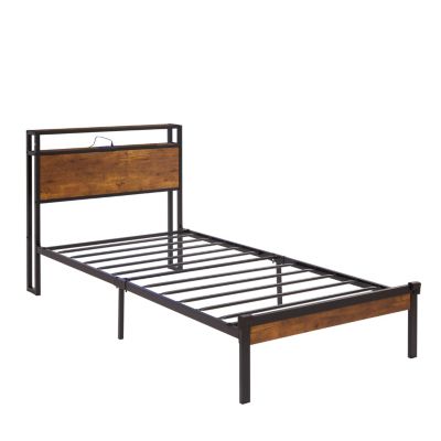  Metal Platform Bed Frame with Wooden Headboard and USB LINER
