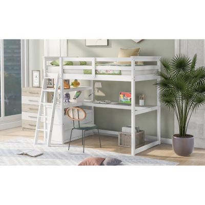 Twin Size Loft Bed With Desk And Shelves, Two Built-In Drawers