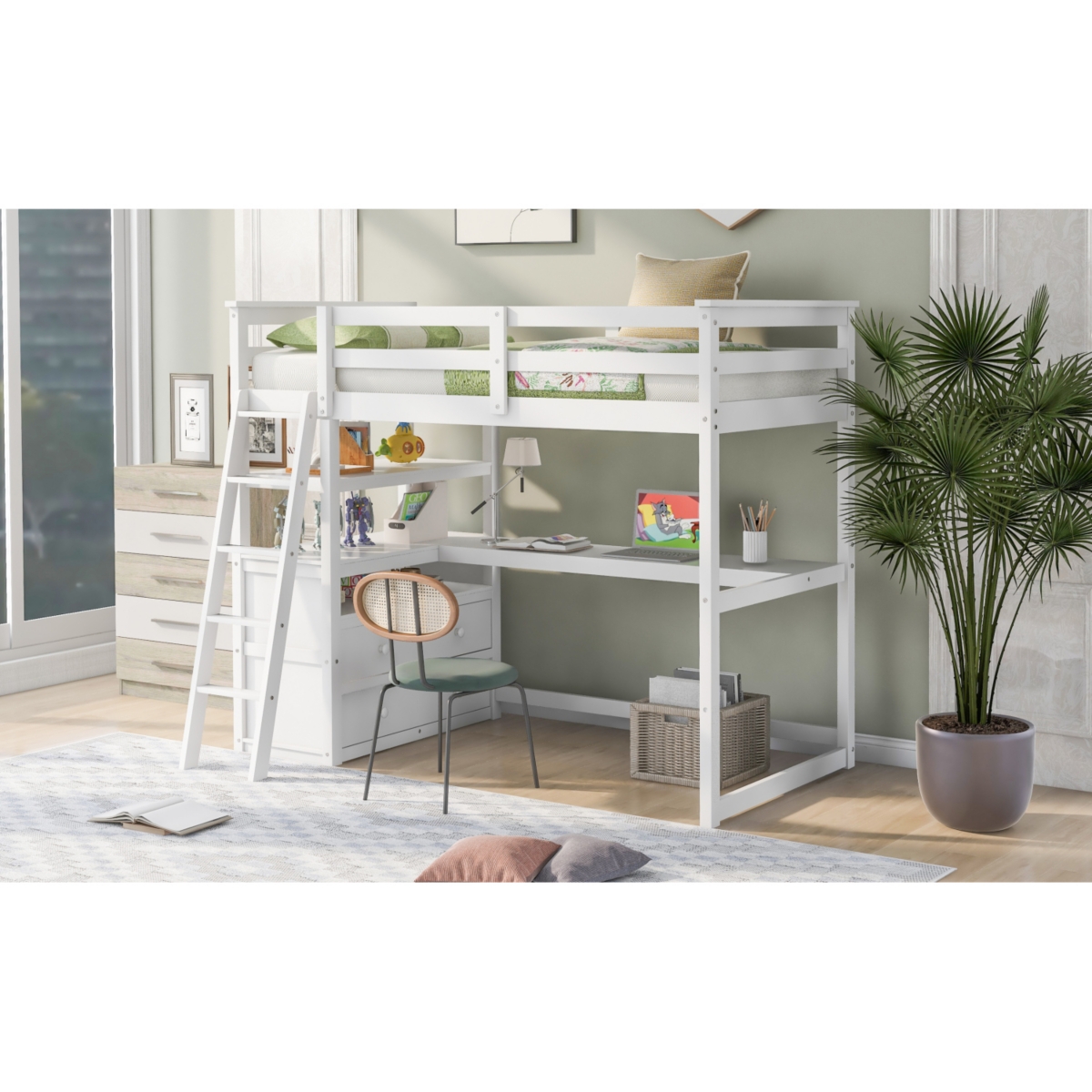 Simplie Fun Twin Size Loft Bed With Desk And Shelves, Two Built-In Drawers