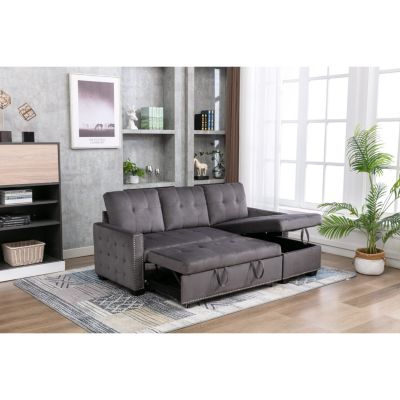 L-Shaped Velvet Sectional Sleeper Sofa, Dark