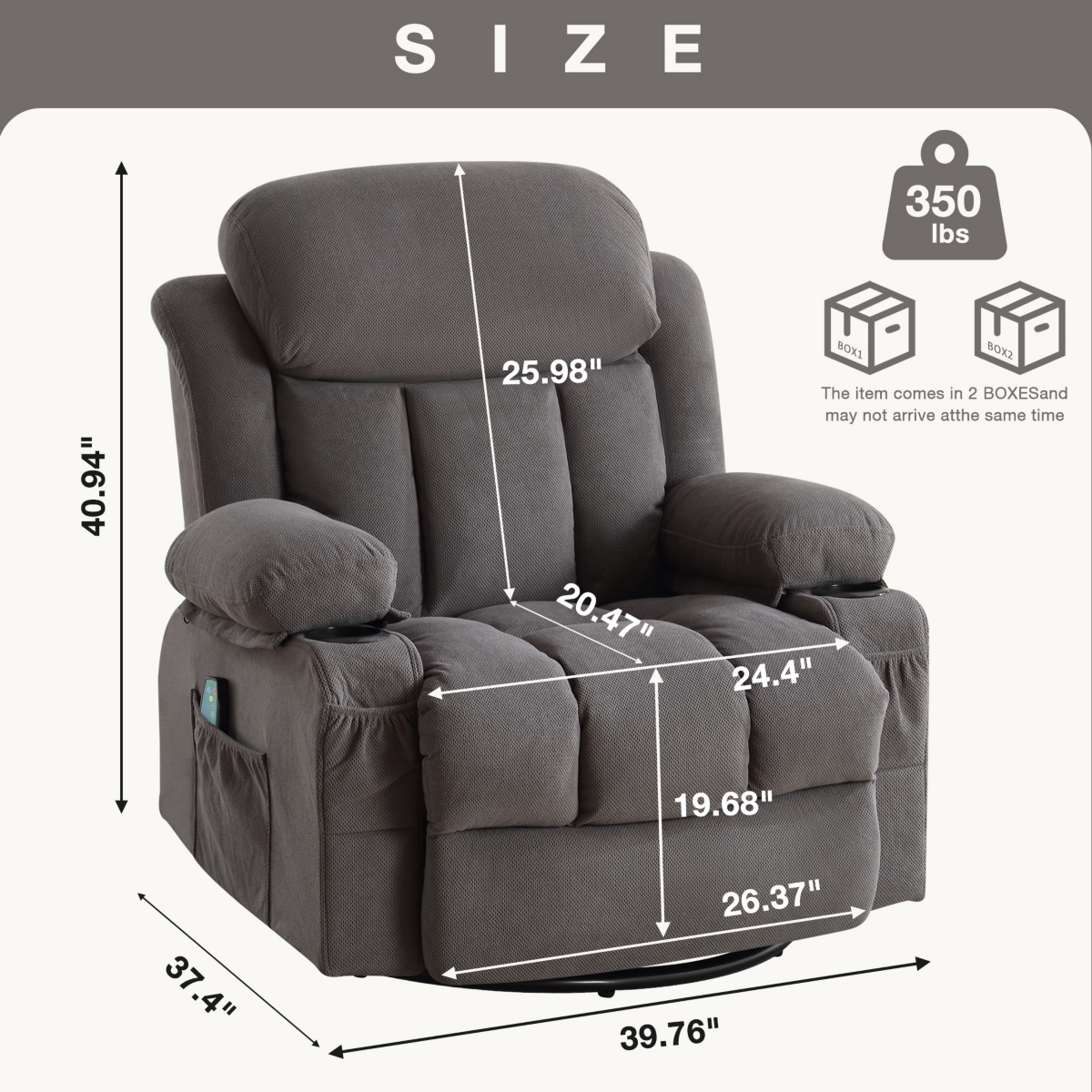 Streamdale Furniture Reclining Massage Heated Sofa with Usb, Cup Holders - Grey