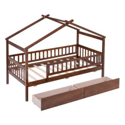 Twin Size Wooden House Bed With Two Drawers, Walnut