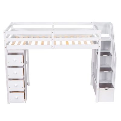 Twin Loft Bed with Drawers & Stairs, Shelves