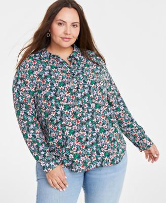 On 34th - Trendy Plus Size Foliage-Print Silky Polished Shirt