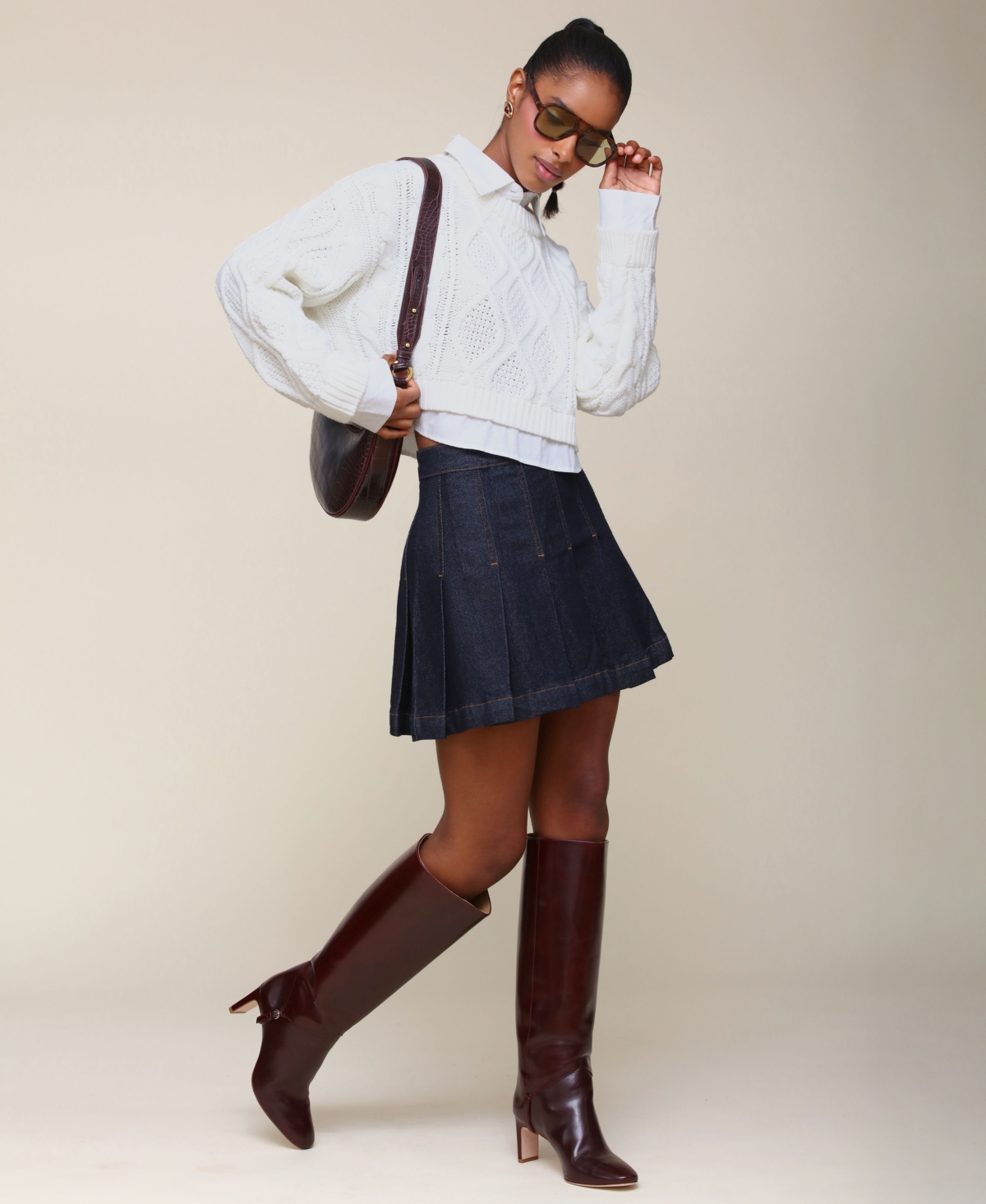 Avec Les Filles Women's Side-Zip Pleated Denim Skirt