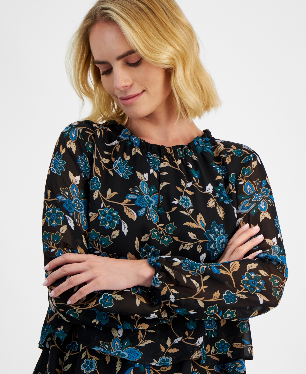 Ak Anne Klein Petite Floral-Print Long-Sleeve Top