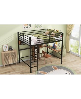  Full Size Metal & Wood Loft Bed With L - Shaped Desk And Shelves
