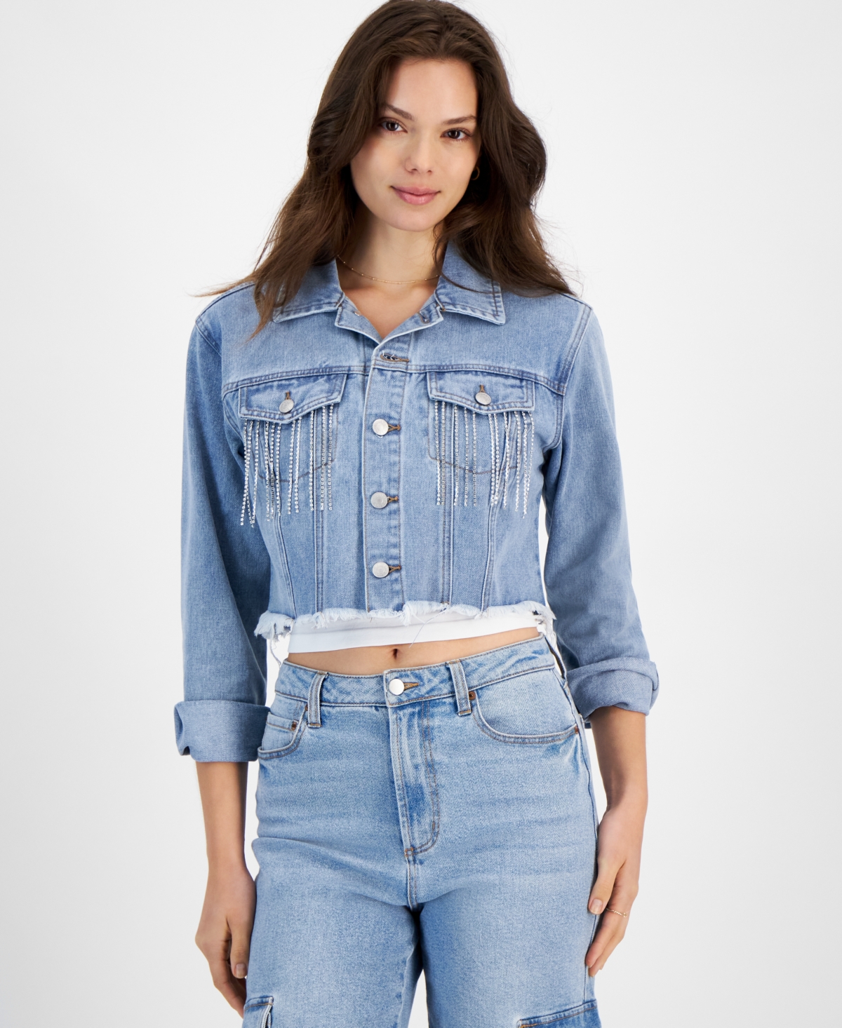 Madden Girl Juniors' Rhinestone-Fringe Denim Jacket