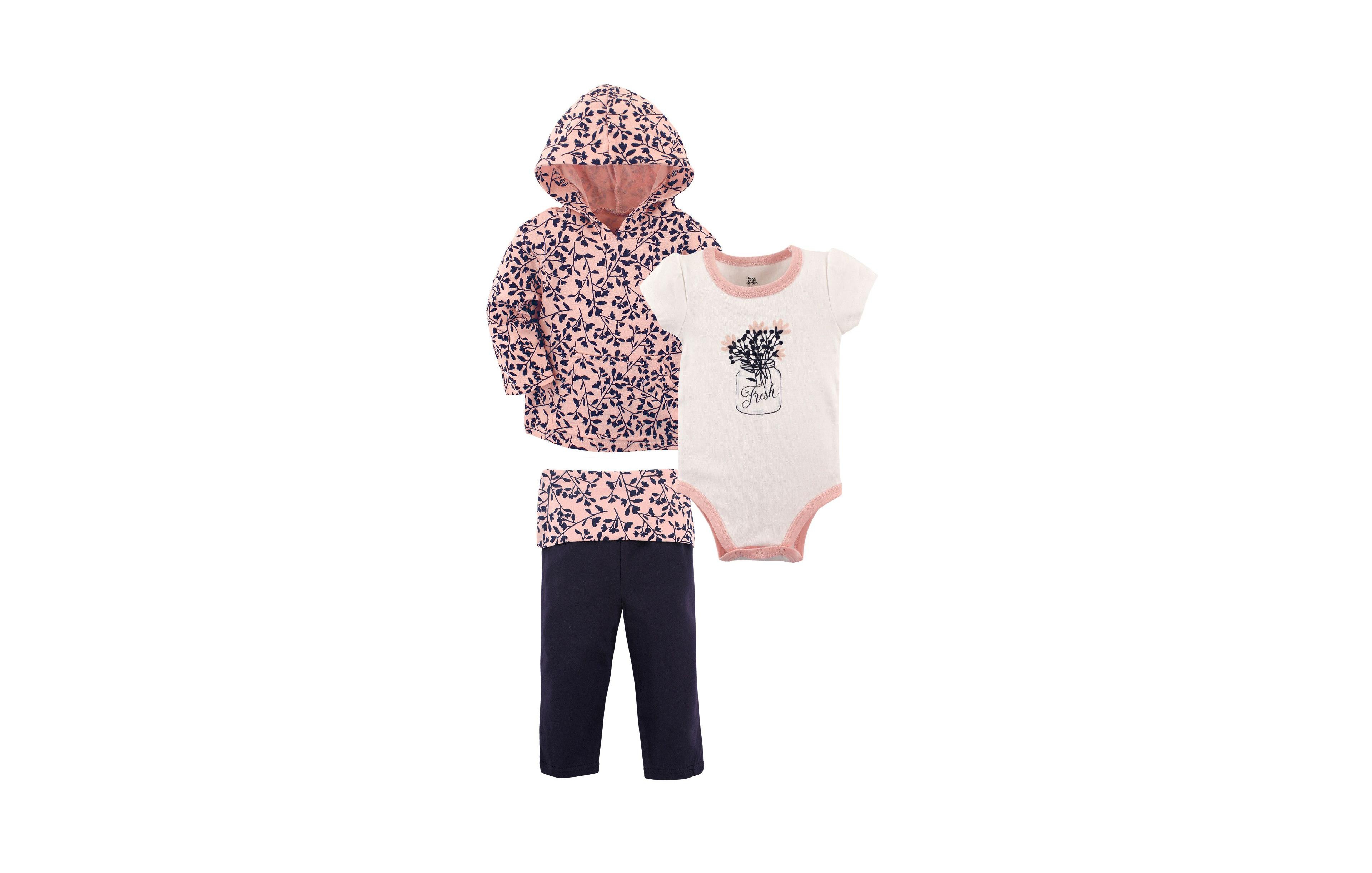 Yoga Sprout Baby Girls Cotton Hoodie, Bodysuit or Tee Top, and Pant