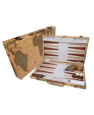 Tan Map Style Leatherette Backgammon Set, 14.75 x 9.75 in. closed