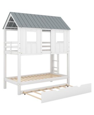 House Bunk Bed With Trundle, Roof And Windows Twin