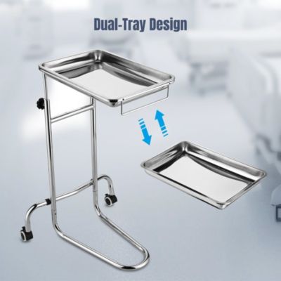 Mobile Mayo Stand Stainless Steel with 2 Pcs Trays on Wheels Adjustable for Hospital Dental Salon