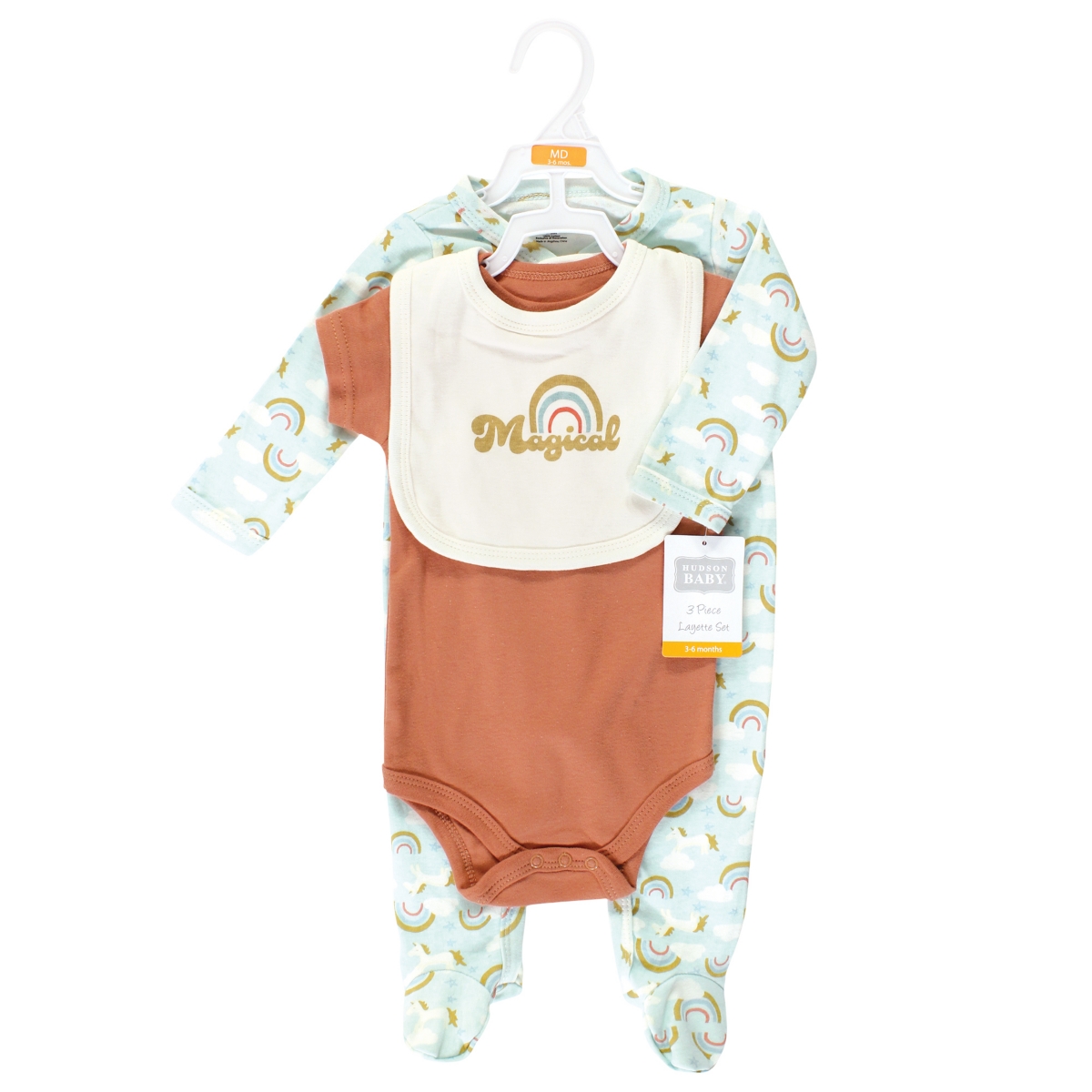 Hudson Baby Baby Girls Cotton Sleep and Play, Bodysuit and Bandana Bib Set,- Magical rainbow