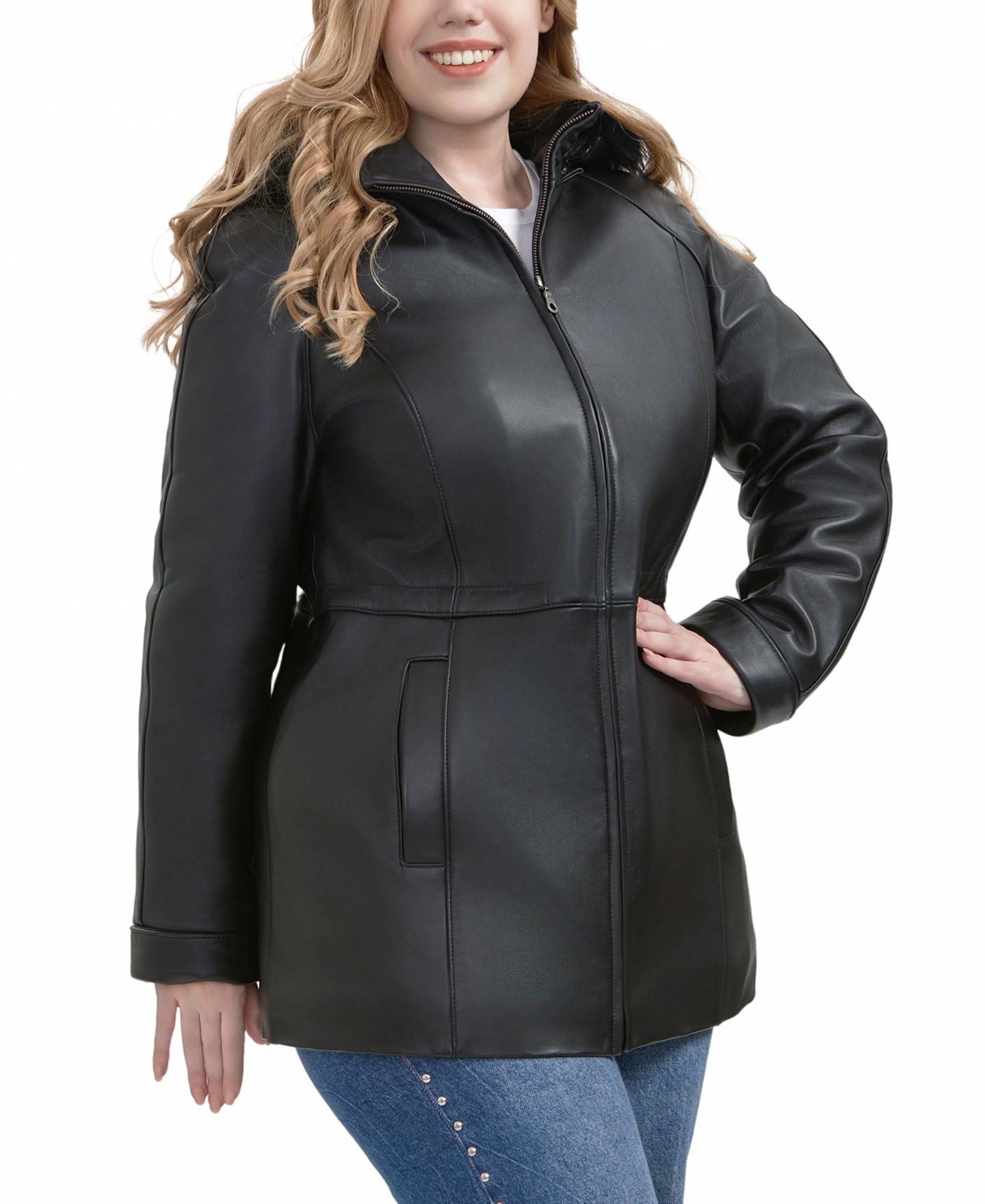 Женская куртка BGSD Plus Size Uzima Leather Hooded Parka, цвет: Чёрный — фото 3