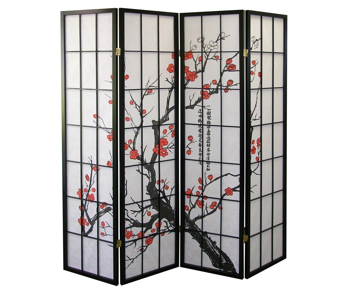 Black Japanese 4-Panel Screen Room Divider, Plum Blossom