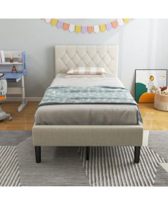 Twin Size Upholstered Platform Bed with Button Tufted Headboard-Beige
