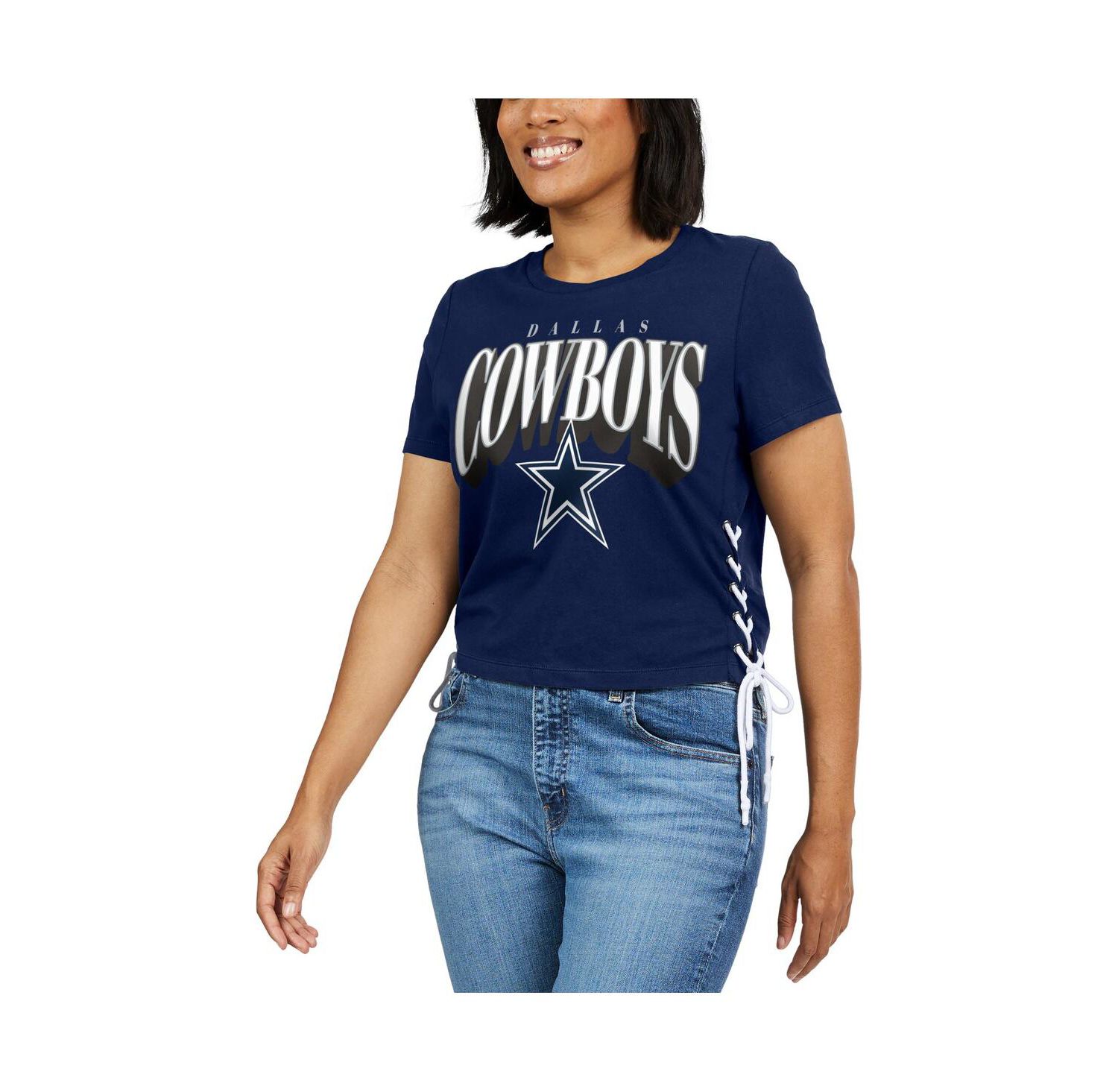 Women's Navy Dallas Cowboys Lace Up Side Modest Cropped T-Shirt