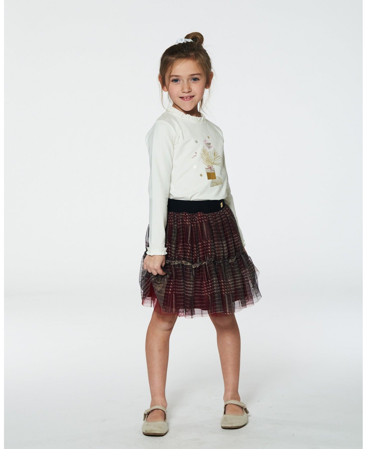 Deux par Deux Big Girls T-Shirt With Frill And Print- Off white
