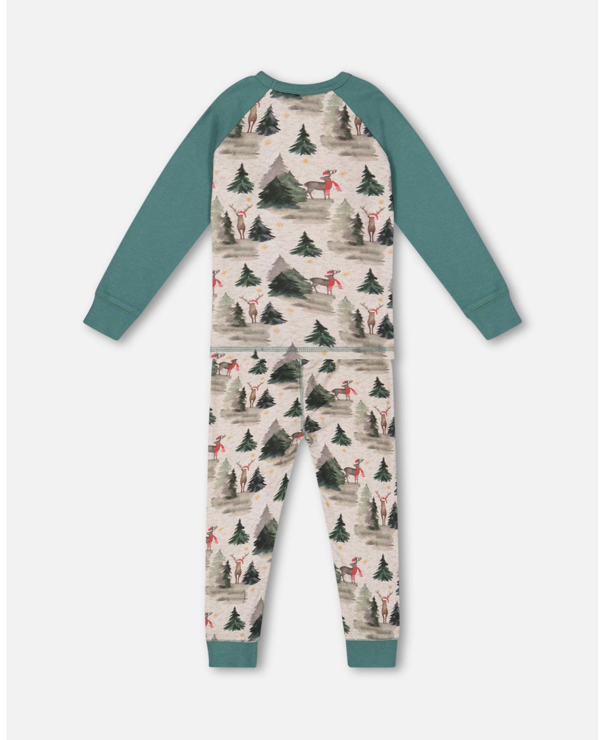 Deux par Deux Big Boys Organic Cotton Two Piece Pajama Set Gray Mix And Green Printed Reindeer - Gray mix and green printed
