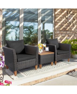 3PCS Patio Furniture Set Conversation Bistro Set w/ Acacia Wood & Cushions Black