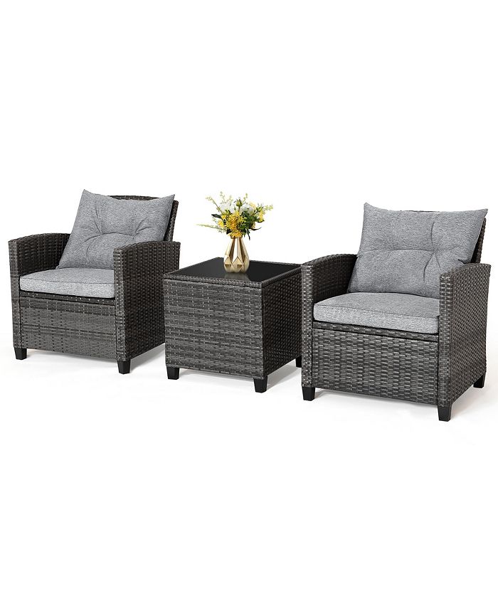 Gymax 3-Piece Patio Rattan Sofa Set w/ Glass Tabletop