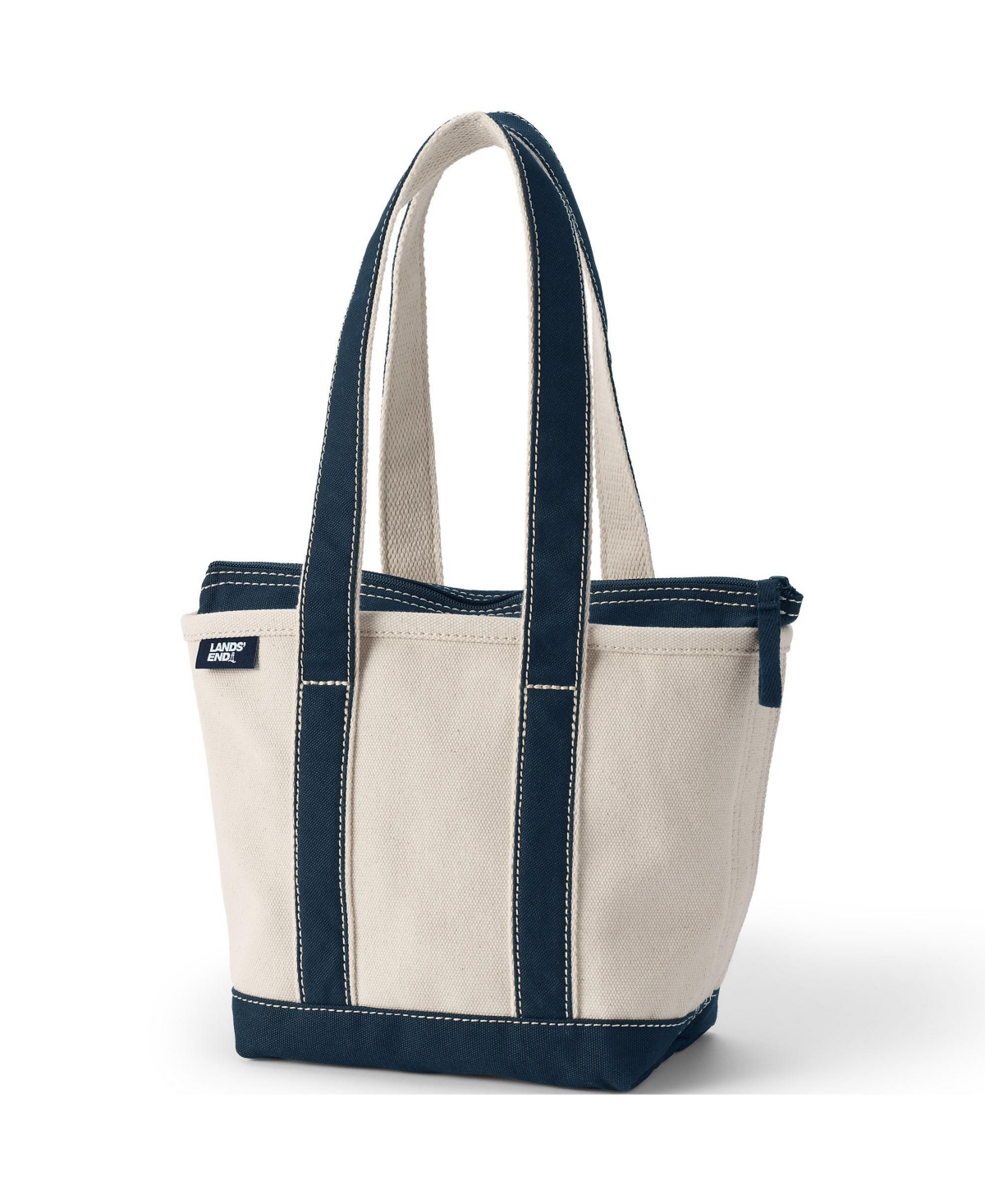 Small Natural Zip Top Long Handle Canvas Tote Bag - Natural/radiant navy