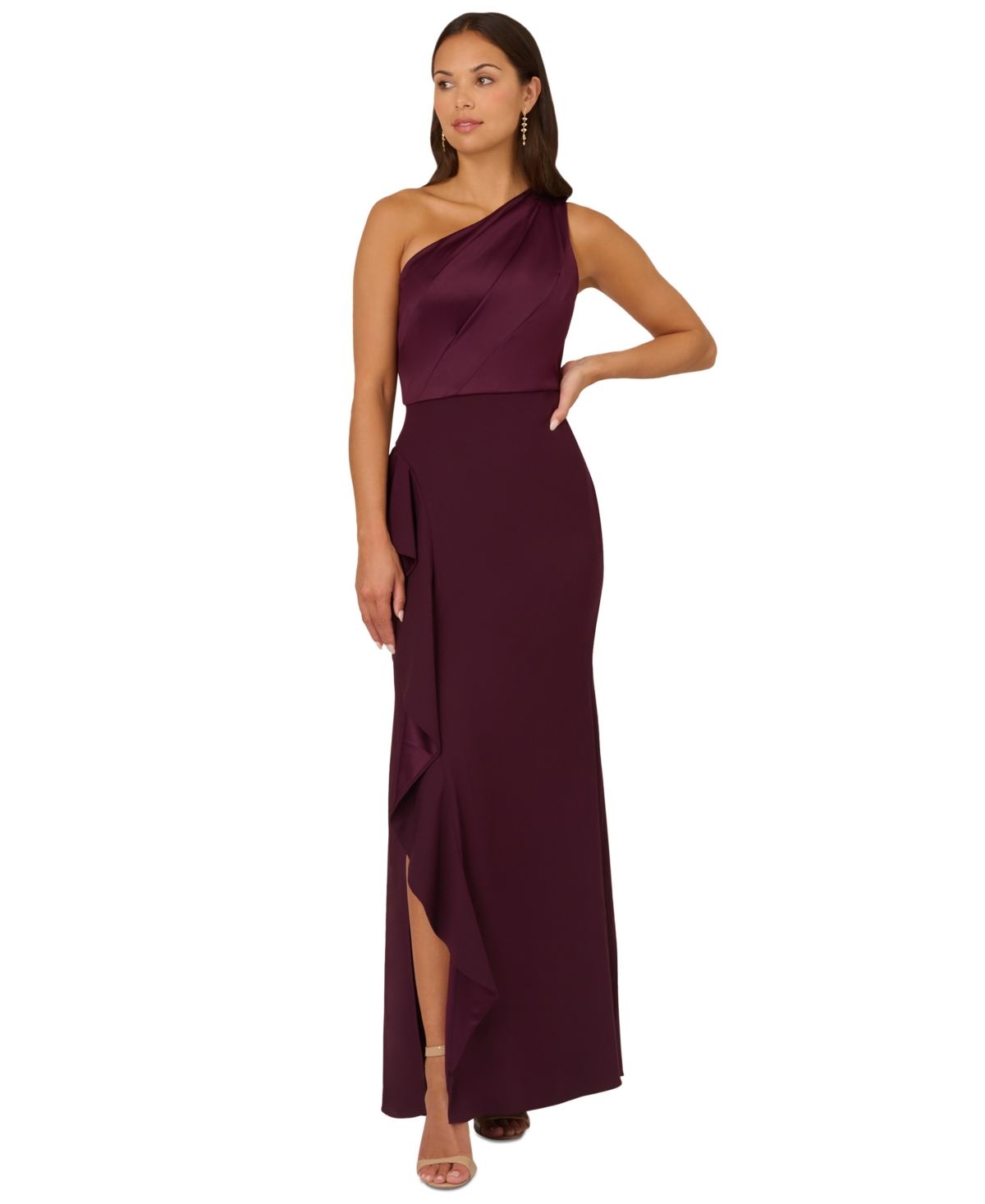 Shop Adrianna Papell Petite One-shoulder Satin Gown In Bordeaux Glow