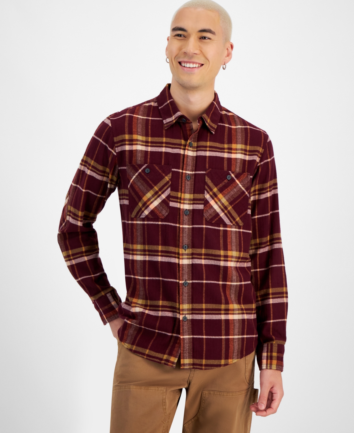 Sun + Stone Men's Erik Plaid Flannel Shirt, Created For Macy's In Dark Scarlet