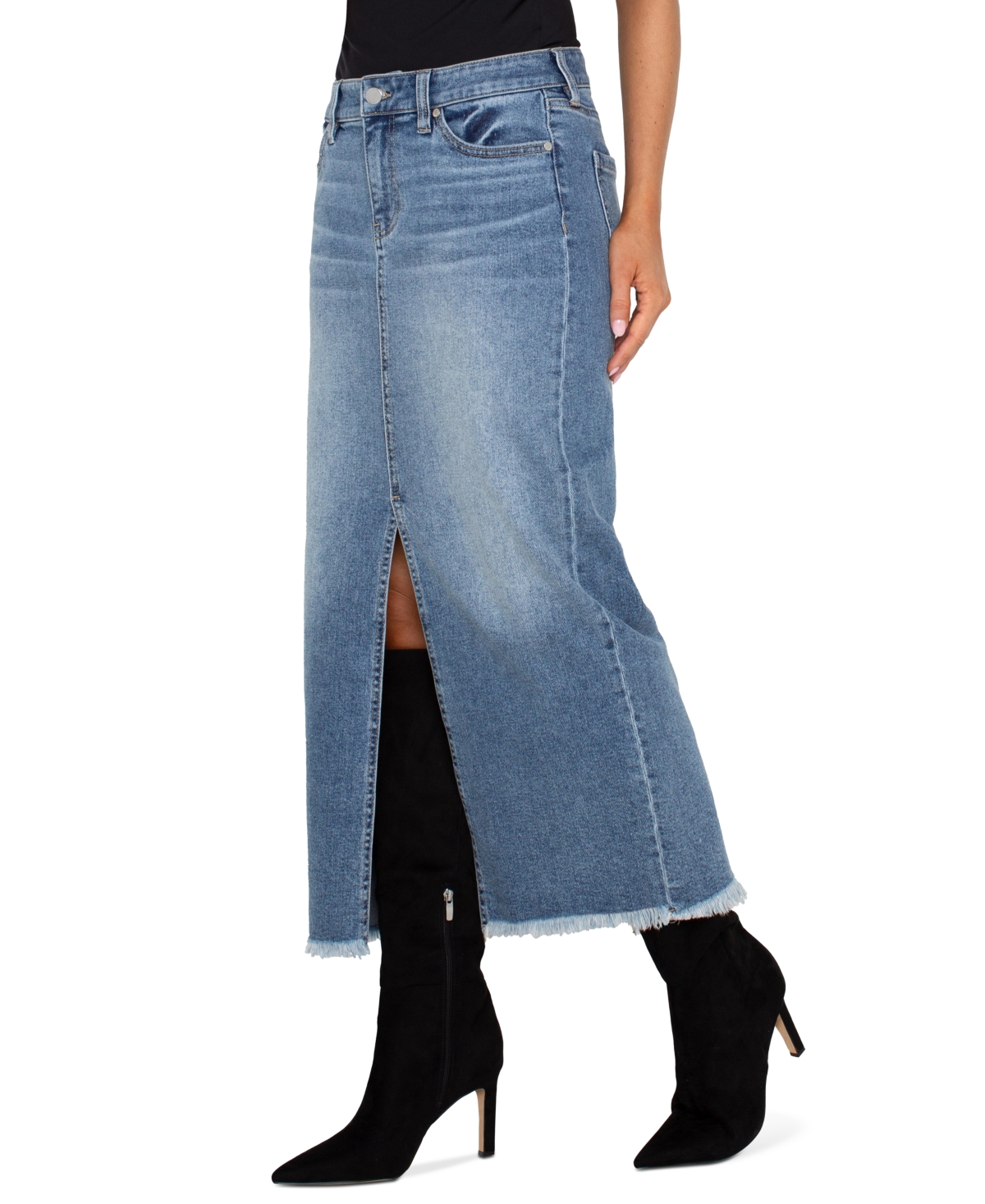 Liverpool Los Angeles Women's Denim Frayed-Hem Maxi Skirt