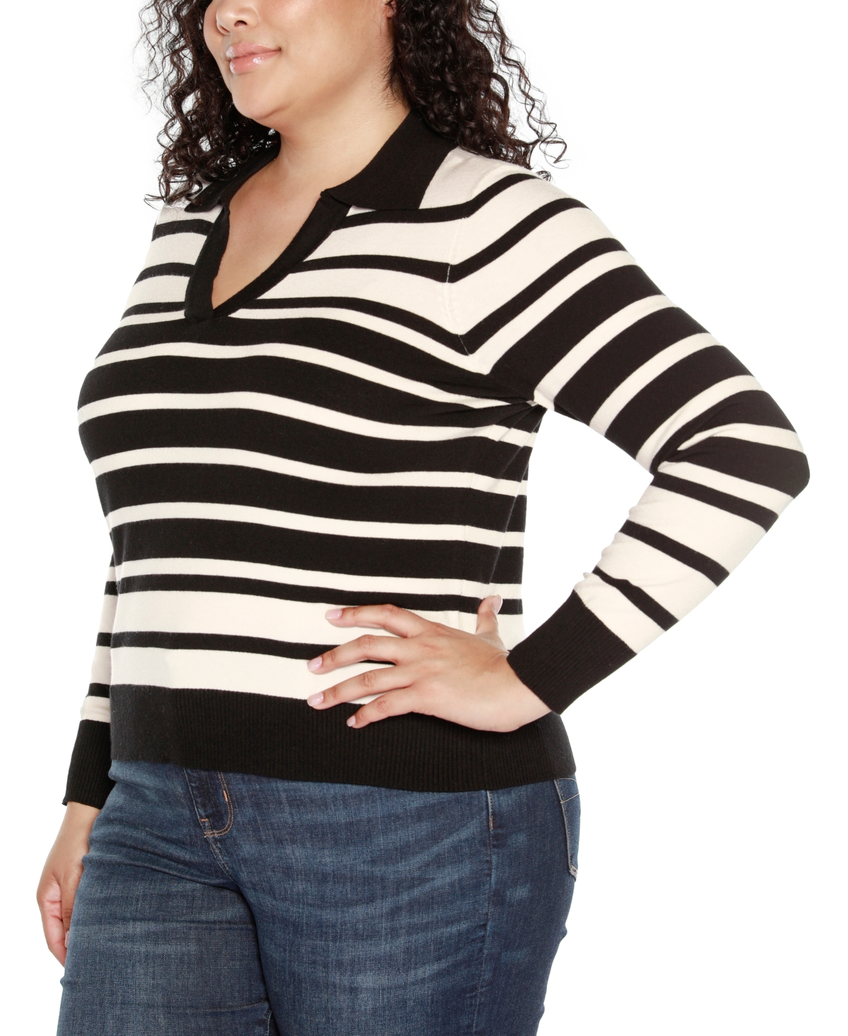 Belldini Plus Size Striped Johnny Collar Sweater -Ecru