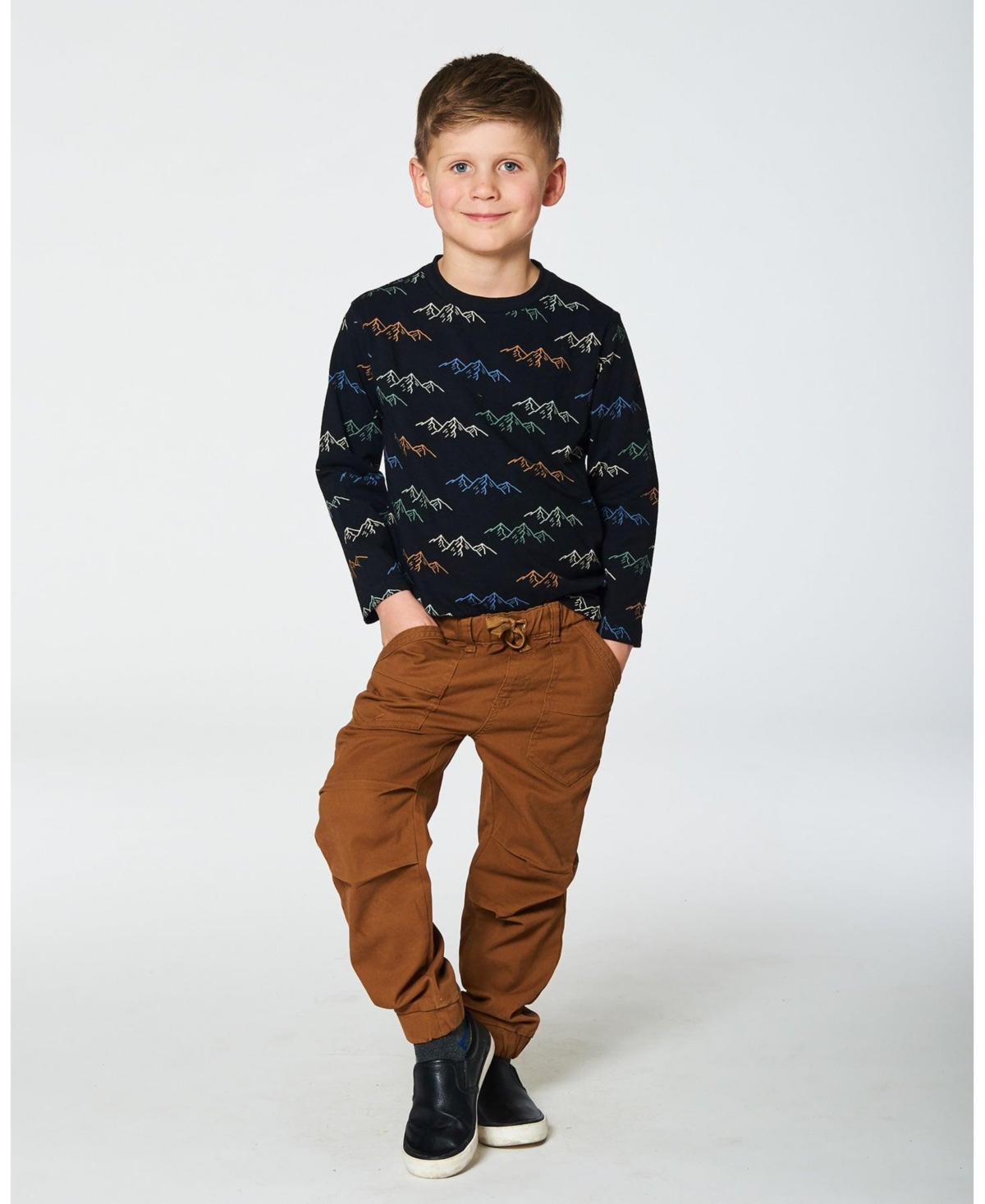 Deux par Deux Big Boys Long Sleeve Printed T-Shirt- Black printed mountains