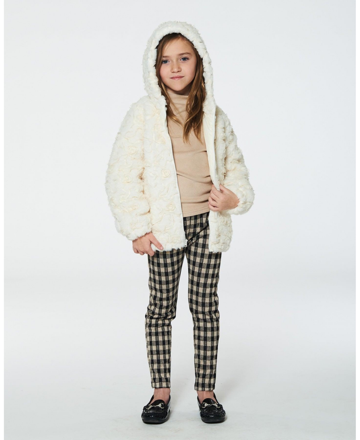 Deux par Deux Girls Embroidered Faux Fur Cardigan- Off white