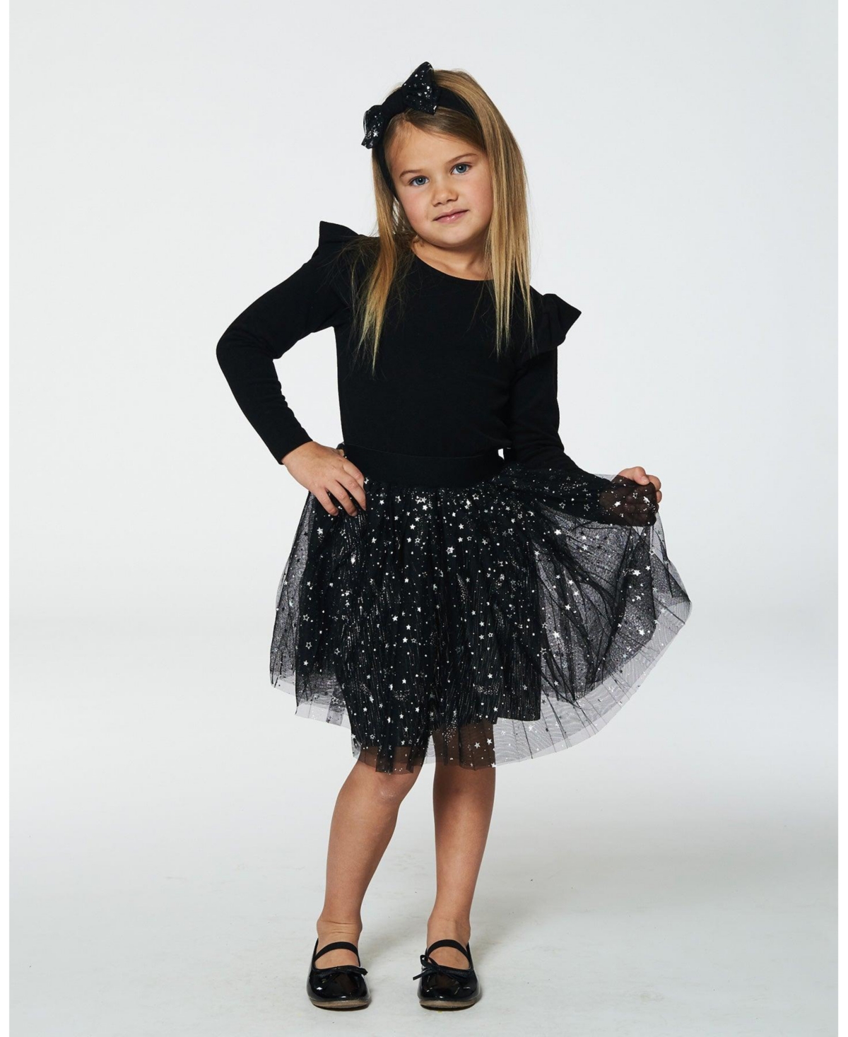 Deux par Deux Big Girls Long Sleeve Dress With Glittering Tulle Skirt- Black