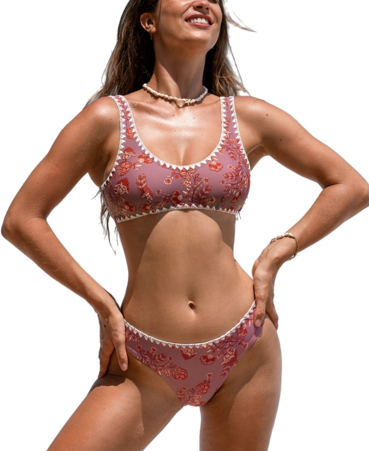 Women's Boho Beach Scoop Neck Bikini Top & Low-Rise Bottoms Set - Red
