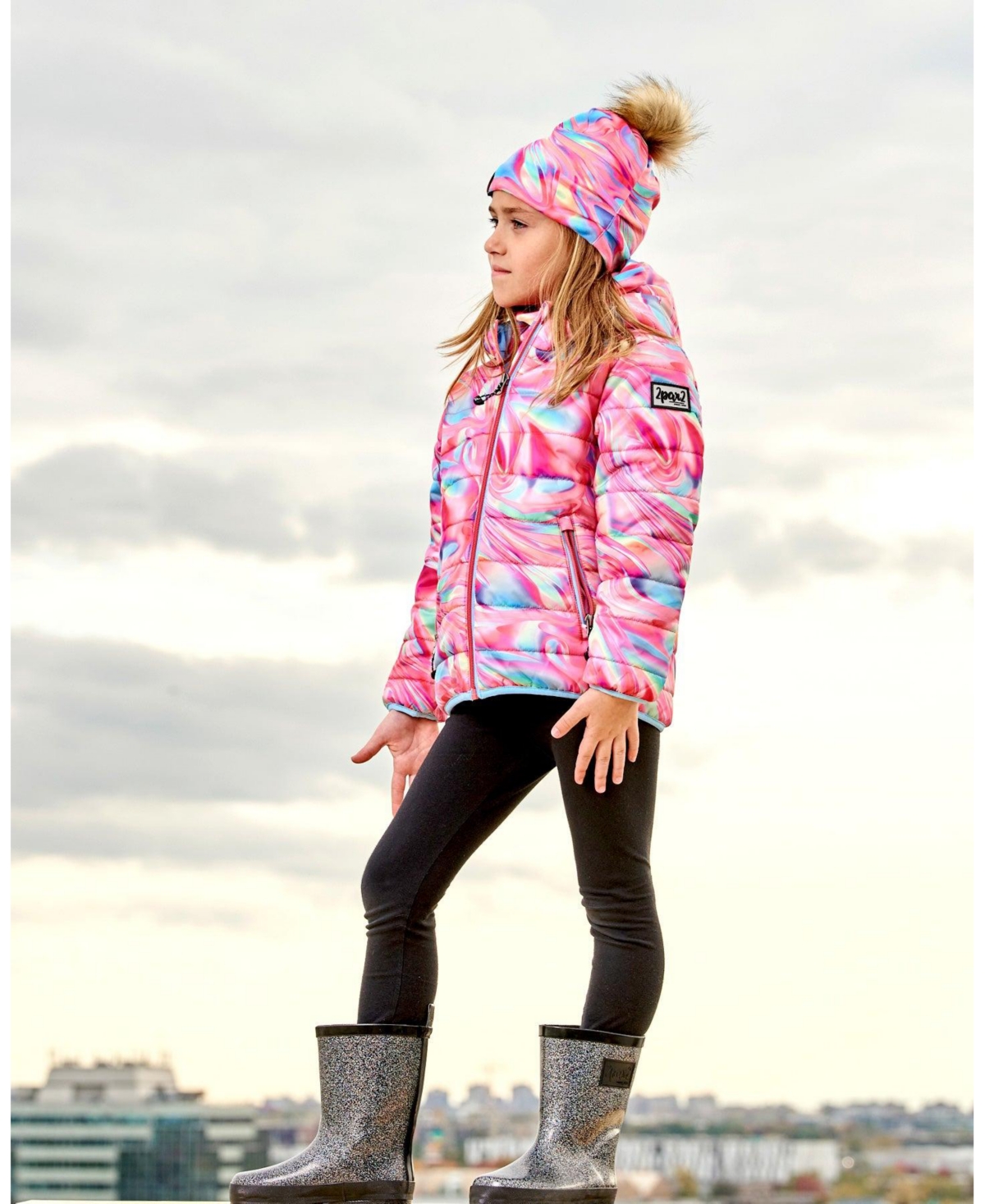 Deux par Deux Big Girls Quilted Jacket- Printed marble