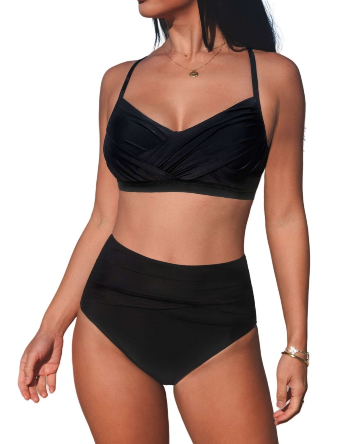 Women's Onyx Lace-Up Bikini Top & Ruched Bottoms Set - Black