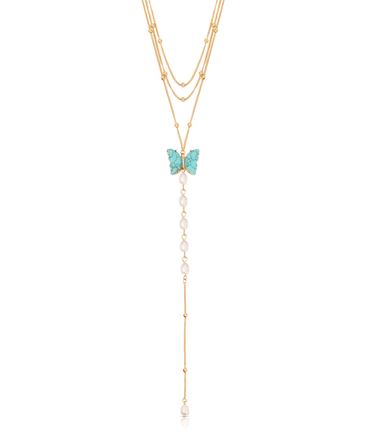 Turquoise Butterfly Cultivated Pearl Chain Lariat Necklace - Turquoise