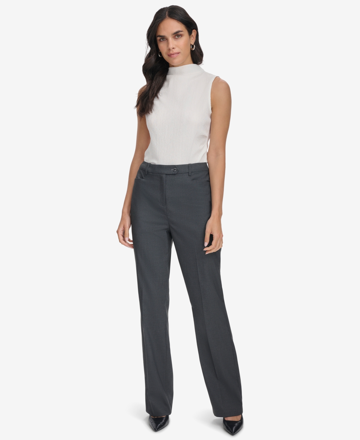 Calvin Klein Petite Pinstriped Straight-Leg Pants -CREAM