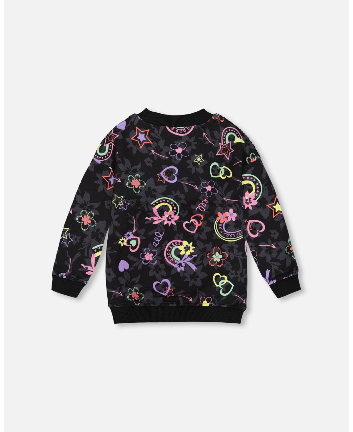 Deux par Deux Big Girls Bi-Material French Terry And Sherpa Tunic With Pocket- Black printed rainbow hearts