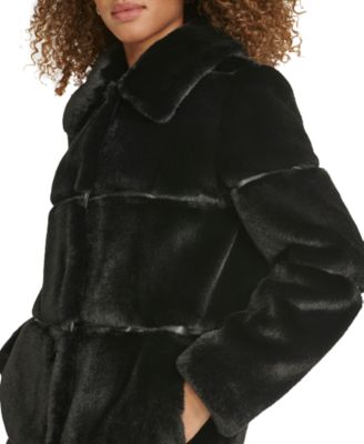 Women's Faux-Leather Trim Faux-Fur Coat