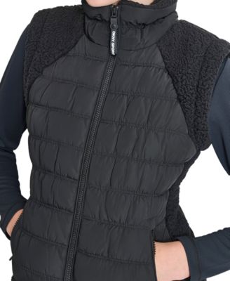 Women's Horizontal Channel Quilted Mock Neck Puffer Vest with Sherpa