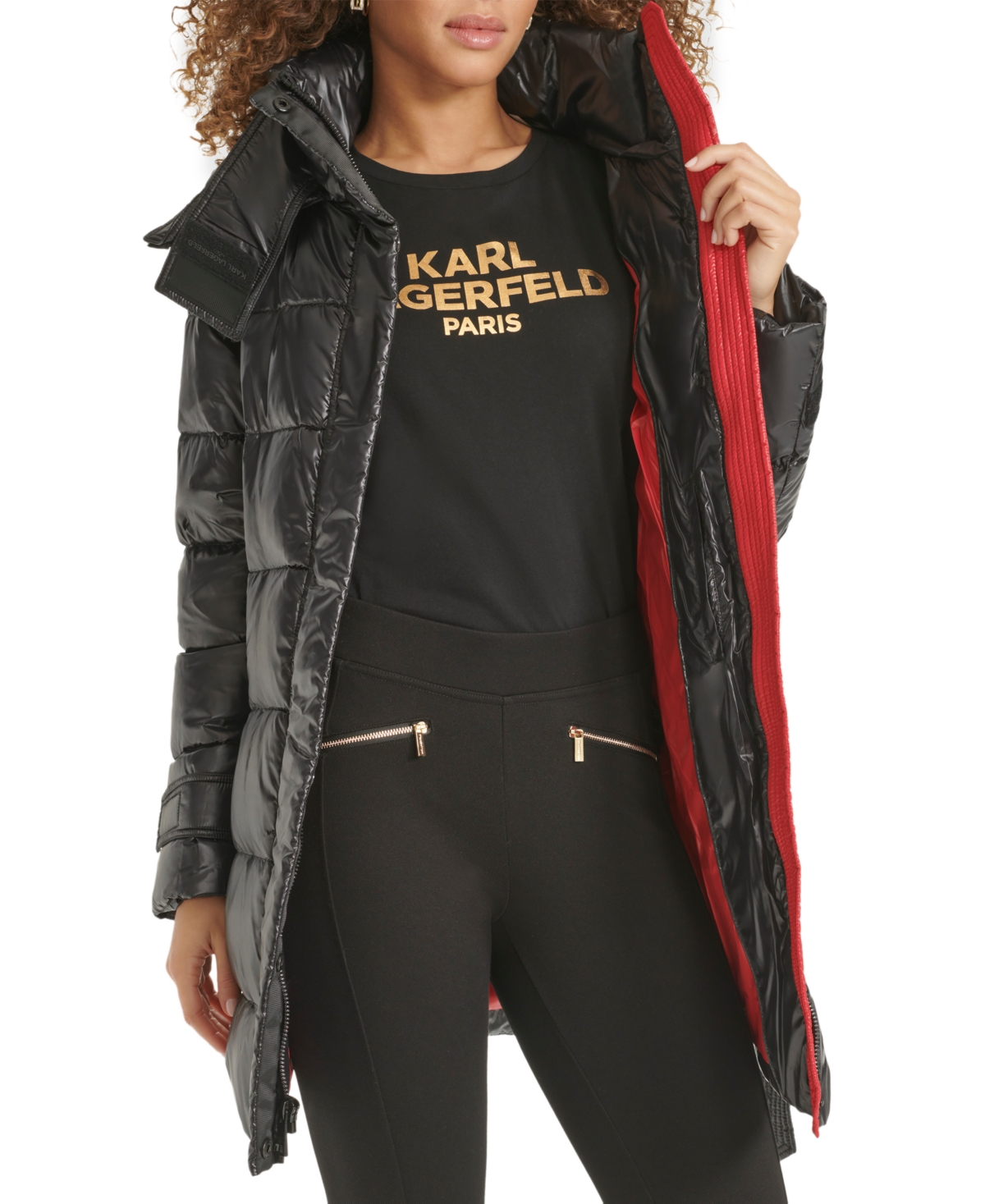 Karl Lagerfeld Womens Shine Hooded Short Belted Puffer Coat