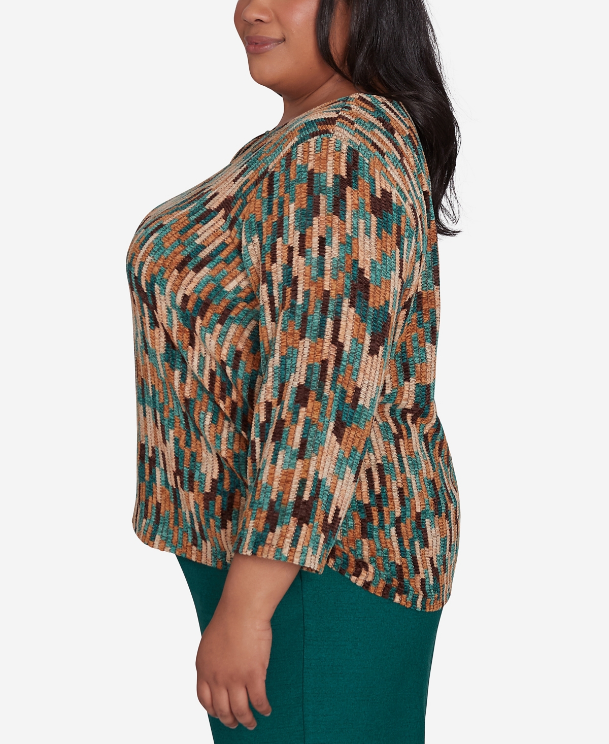 Alfred Dunner Plus Size Emerald Isle Chenille Vertical Texture Top In Multi Green