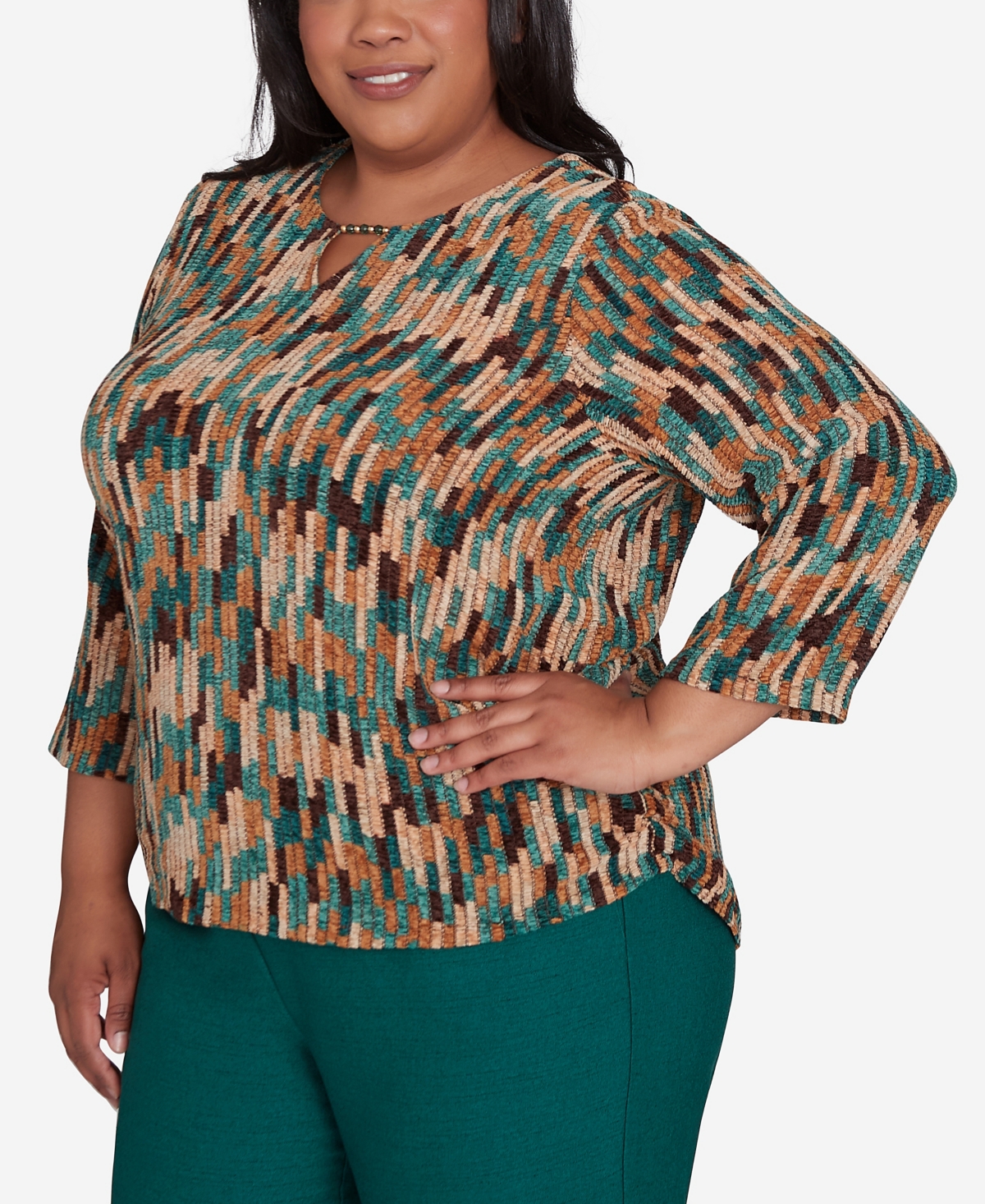 Alfred Dunner Plus Size Emerald Isle Chenille Vertical Texture Top In Multi Green