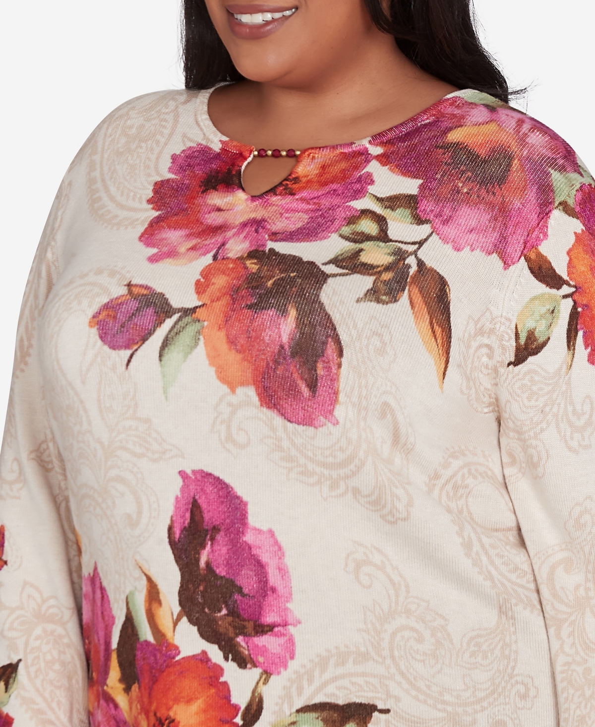 Alfred Dunner Plus Size Wine Country Watercolor Floral Beaded Split Neck Sweater